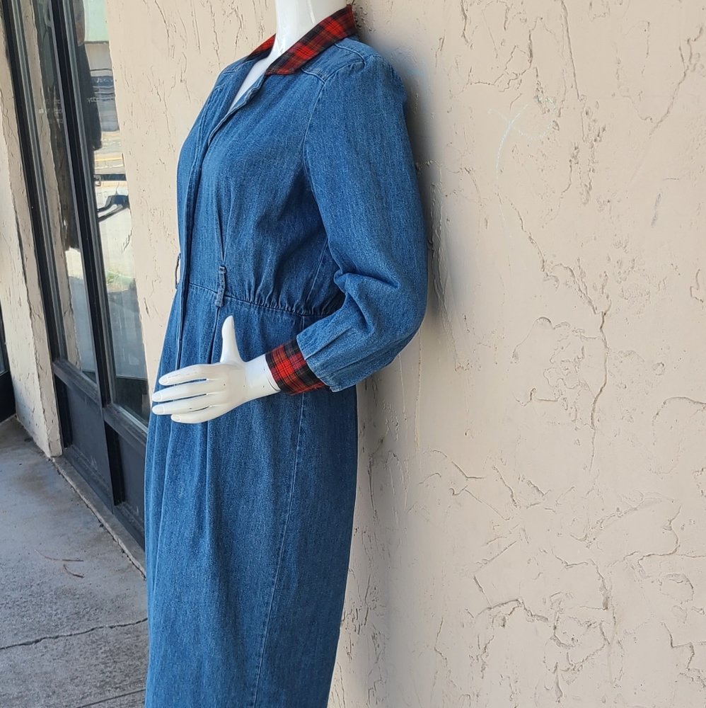 SOLD Vintage Plaid and Blue Jean Long Sleeve Dress - Picture 3 of 9